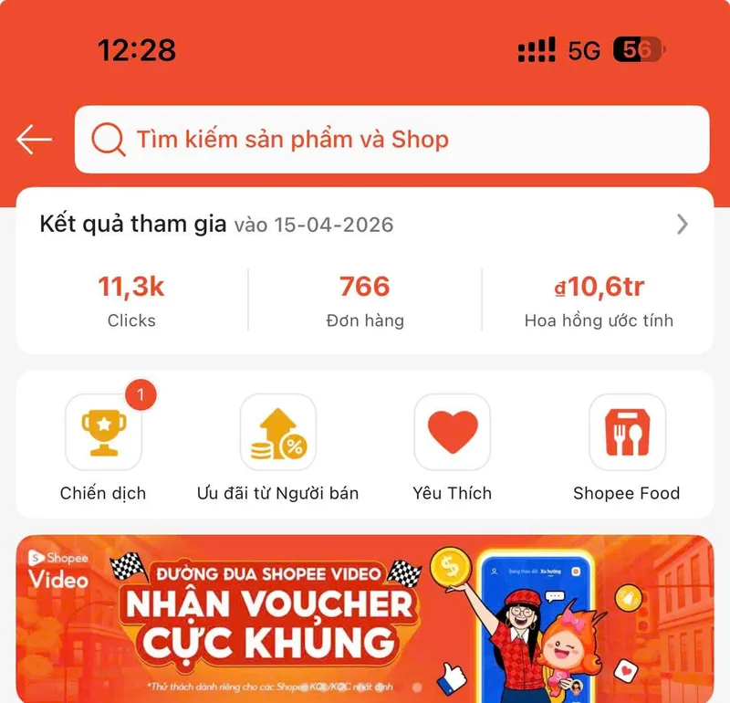 Ảnh chụp ứng dụng Shopee hiển thị lượt nhấp, đơn hàng và hoa hồng