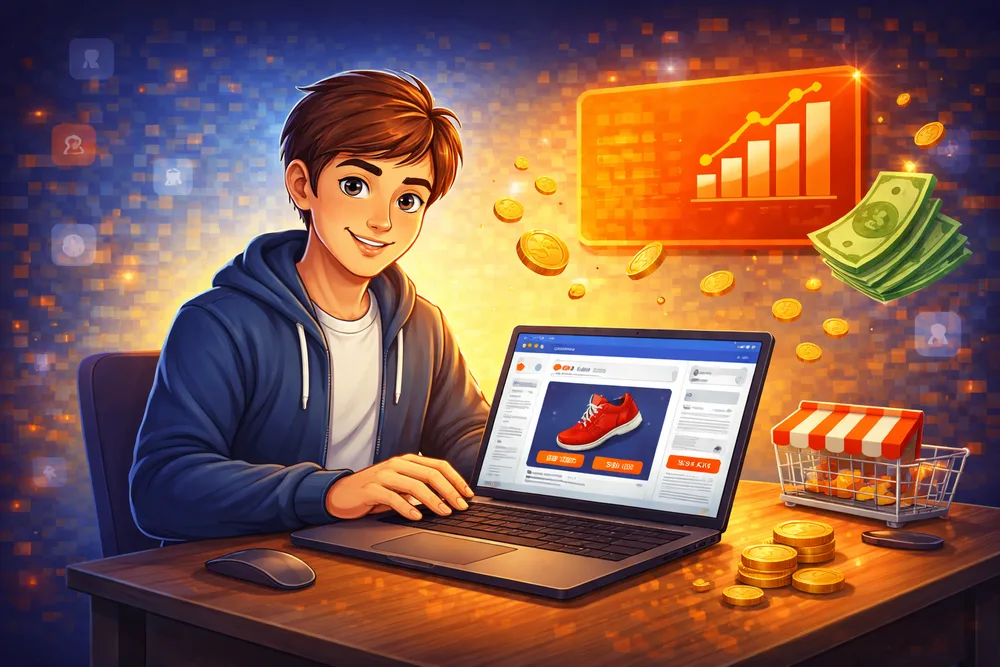Minh họa người làm Affiliate Shopee bên máy tính với biểu đồ doanh thu