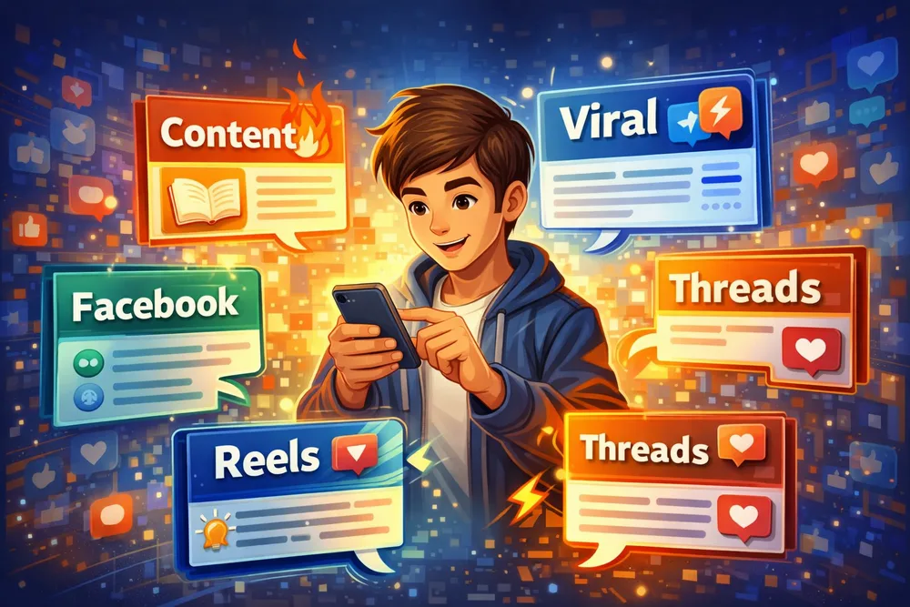 Minh họa các dạng nội dung Facebook, Threads, Reels cho kênh cá nhân